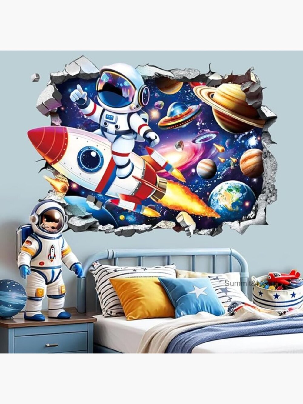 Large 3D Rocket Astronaut Wall Decals, Space Planets Stickers for Kids Room